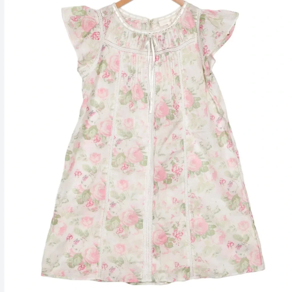 LoveShackFancy Girls Cream Dress with Pink Floral Print